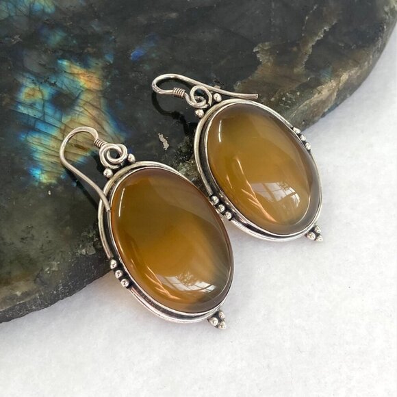 Sterling Silver 925 Large Bezel Set Oval Agate Quartz Dangle Drop Earrings - Picture 3 of 16